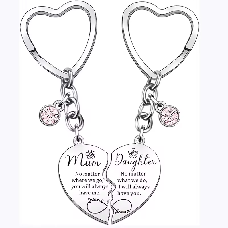 Mum and daughter half heart stainless steel keyring set with pink diamante charms