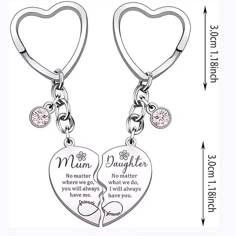 Mum and daughter matching heart keyrings stainless steel
