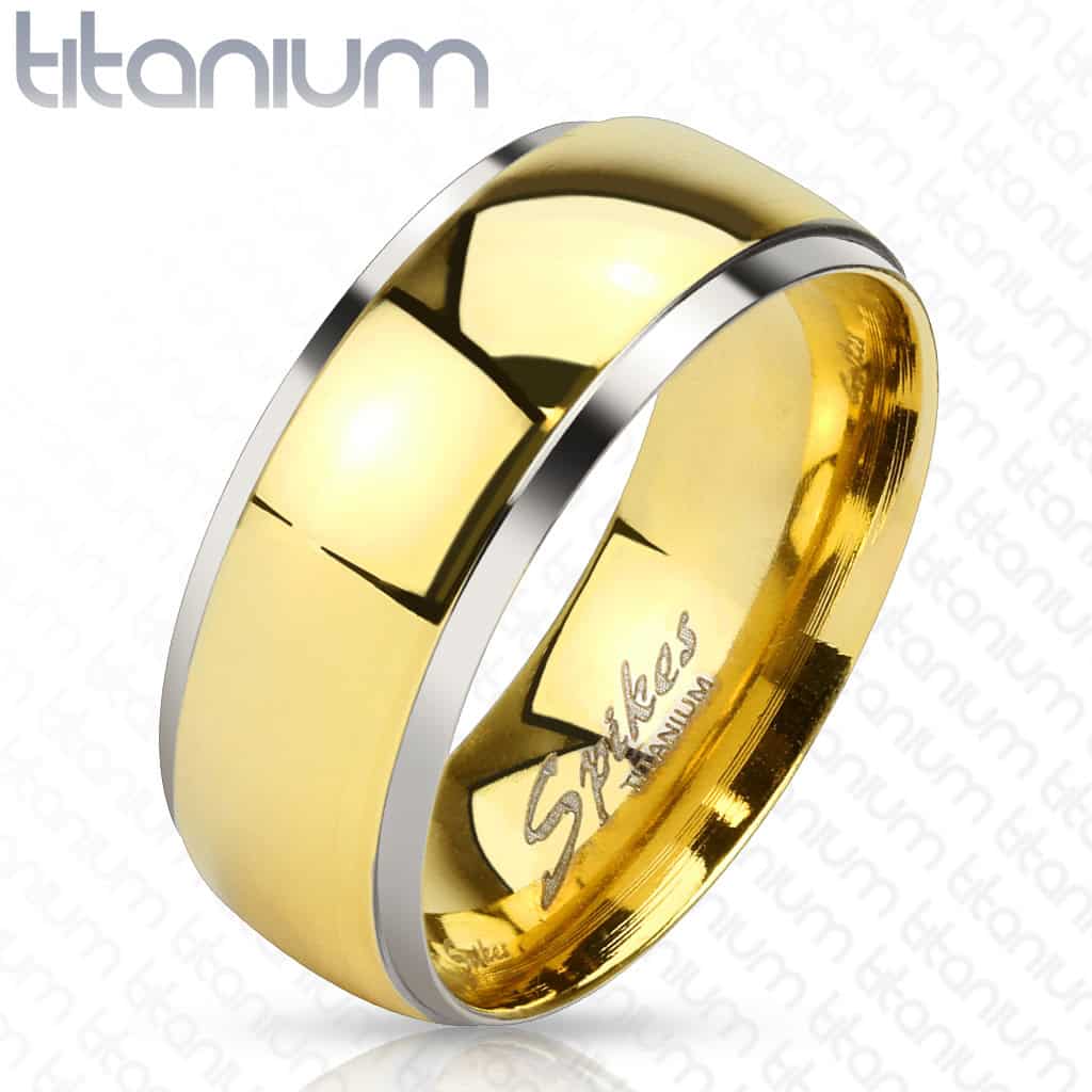 Gold IP dome titanium ring with stepped edge