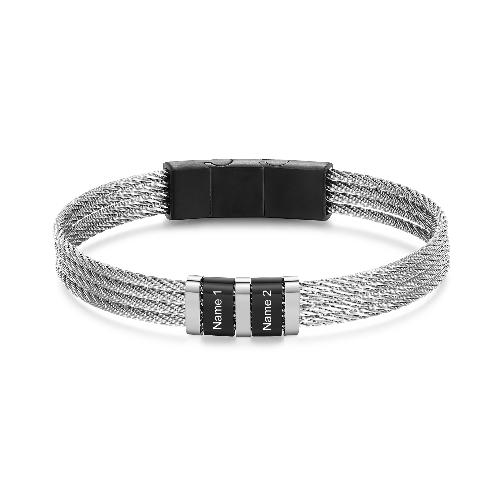 Personalised two name bracelet for men in silver and black stainless steel