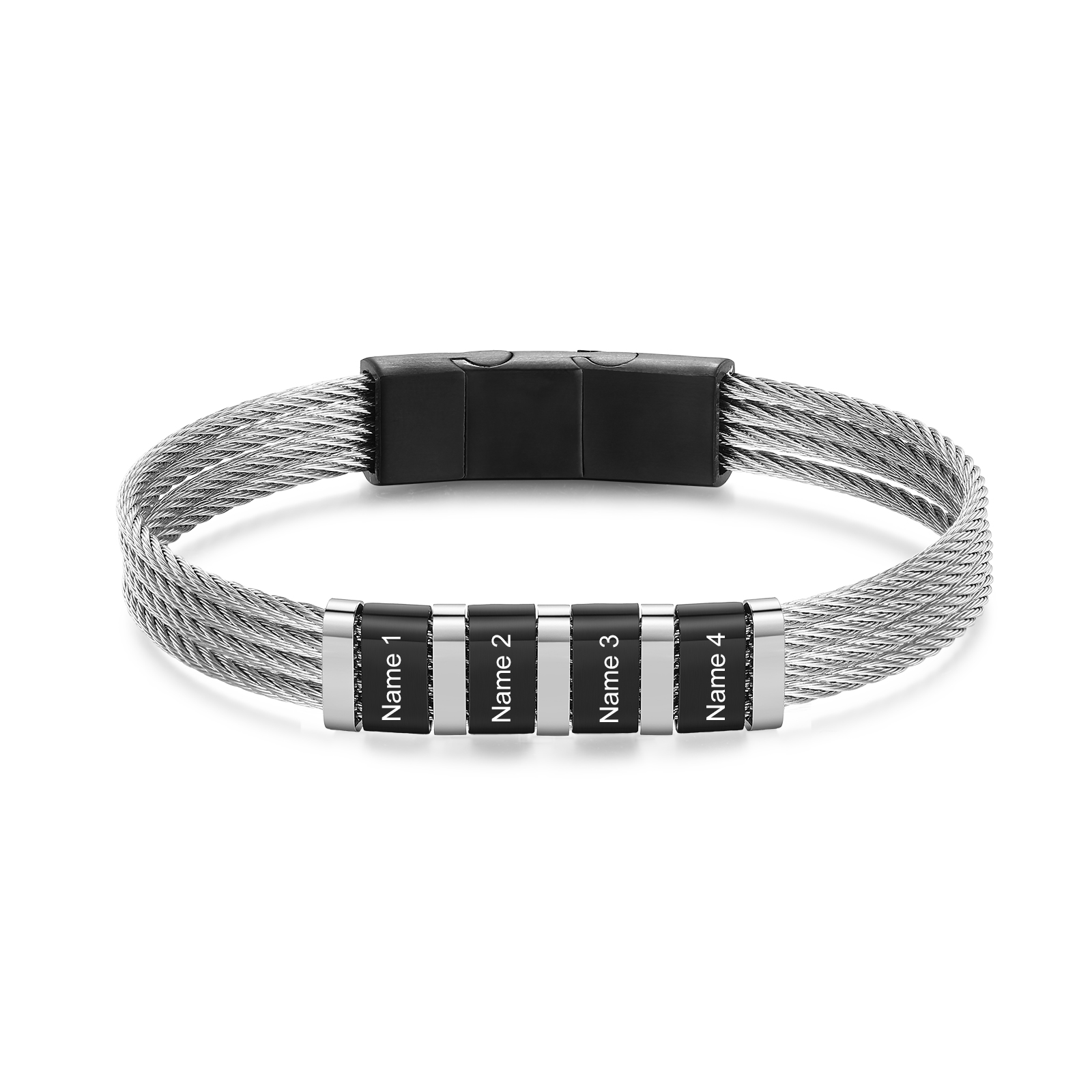 Personalised four name bracelet for men with black engraved beads
