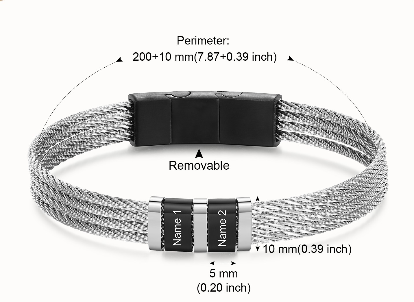 Personalised two name bracelet for men in silver and black stainless steel