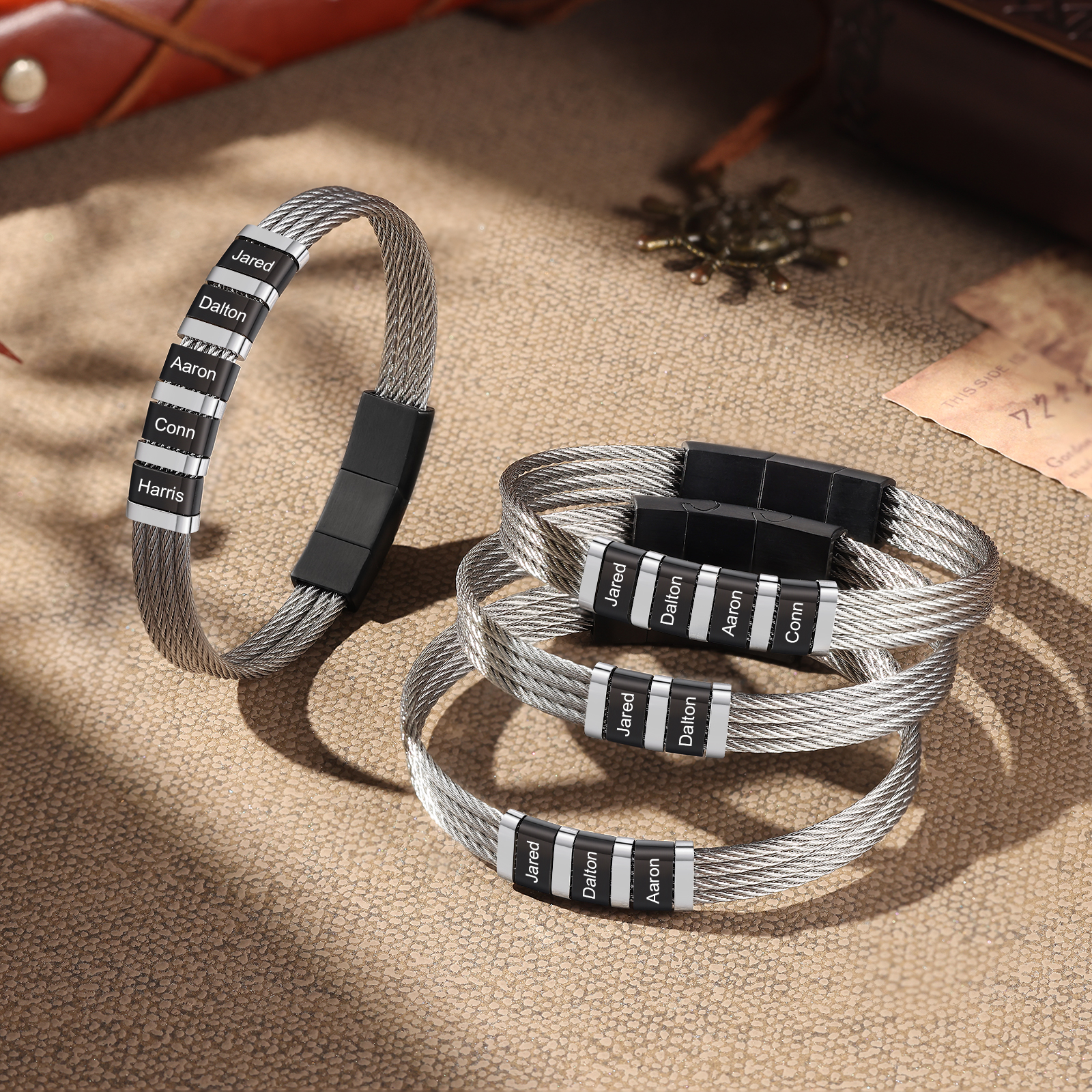 Personalised two name bracelet for men in silver and black stainless steel