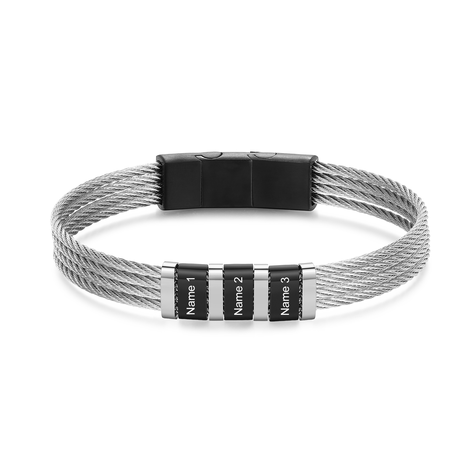 Personalised three name bracelet for men in silver and black stainless steel