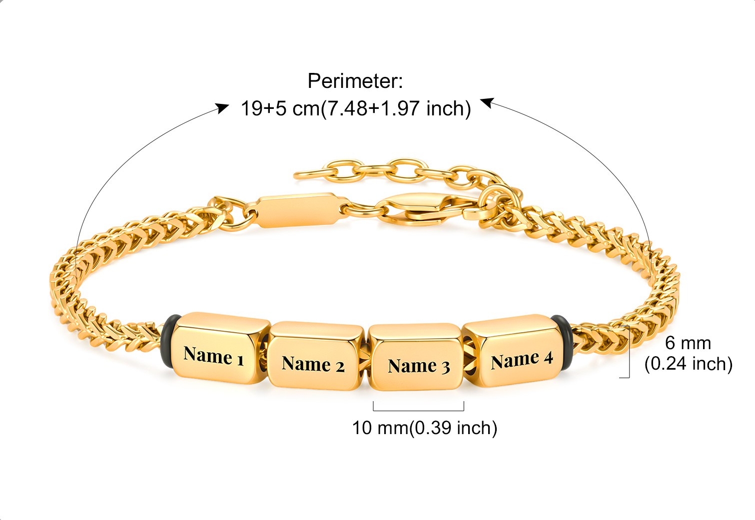 Gold plated men’s bracelet with four personalised engraved name beads